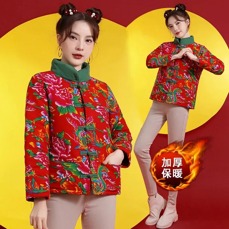 2025 New Northeast big flower - ethnic wind floral cotton-padded jacket fashion dish buckle winter short abc