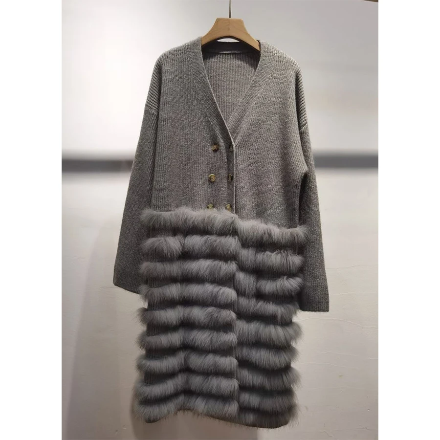 

Cashmere Sweater For Women Long Cardigan Real Fox Fur 2024 Warm Winter Knitted Sweaters High Quality