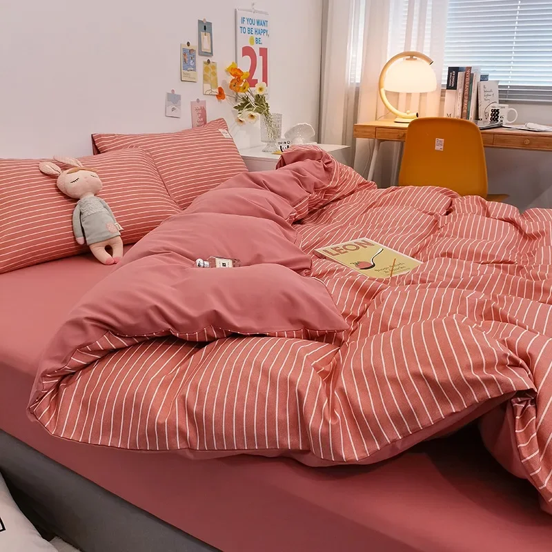 Fashion Striped Grid Printed Bedding Sets Japanese Comfort Breathable Fitted Cover Kit Home Single Double Bedclothes for Summer