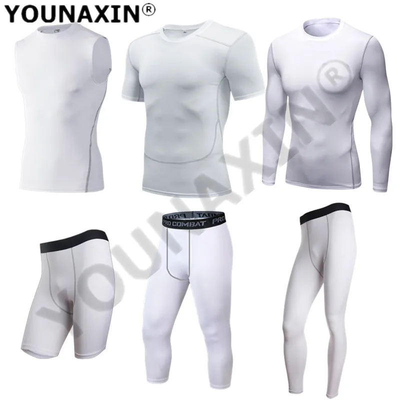 Men Cycling White Tight Vest Yoga Long T-Shirt Shorts Cropped-Pants Trouser Gym Running Fitness Training Basketball Sportswear