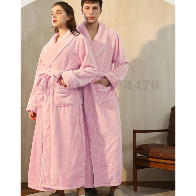 

Flannel Large Size 3XL Bathrobe Couple Thickened Warm Home Wear Coral Fleece Lapel Nightgown Lingerie Loose Casual Sleepwear