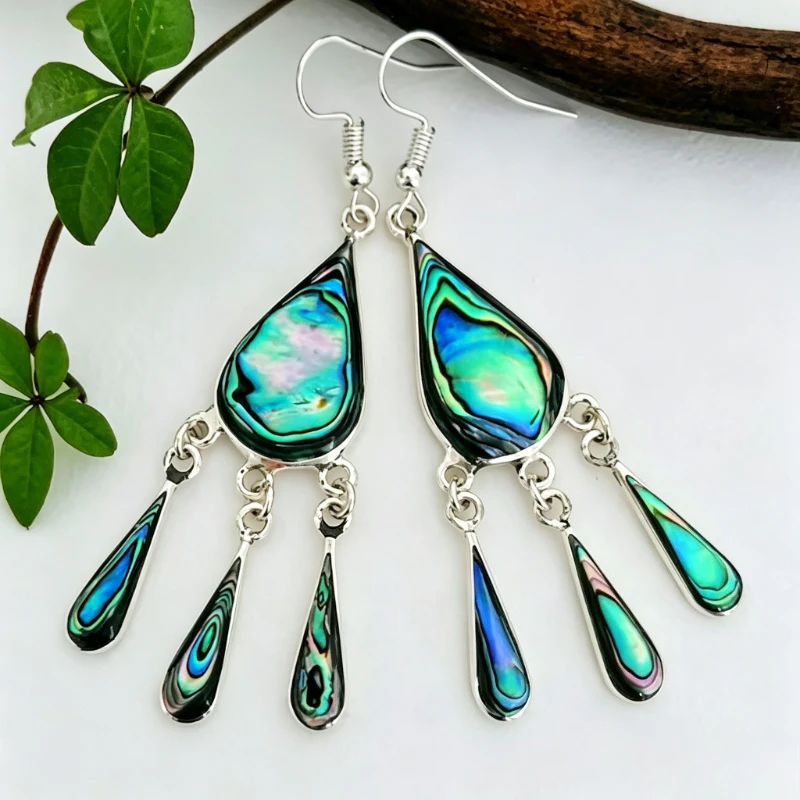 Tibetische Bohemian-Style Wassertropfen-Ohrringe mit Abalone-Muschelmuster, Vintage Trendige Schmuck-Accessoires für Damen, Bankett- und Urlaubsschmuck