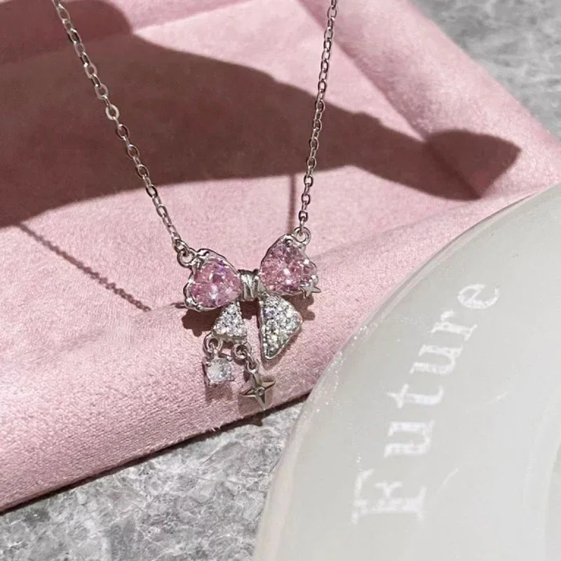 Y2K موضة الجنية الوردي كريستال القوس عقدة قلادة القلائد النساء الفتيات الحلو حجر الراين القلب سلسلة الترقوة هدايا مجوهرات نسائية