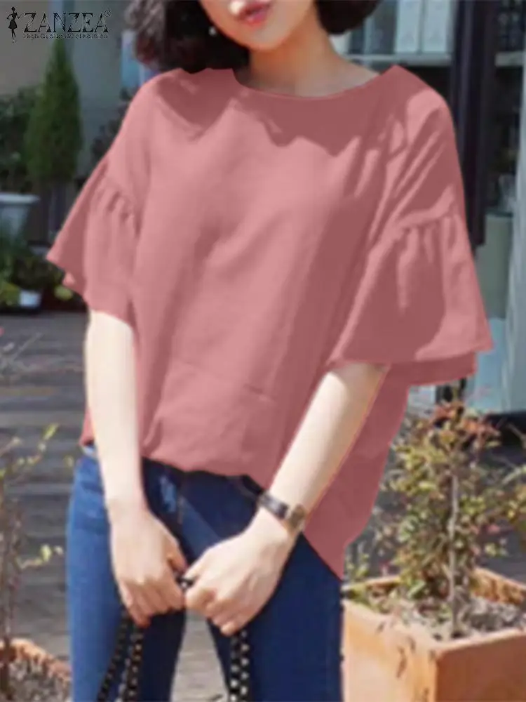 

Женская блузка с коротким рукавом и оборками, летние топы ZANZEA, женская Свободная рубашка, Однотонная рубашка, повседневная Рабочая блузка с круглым вырезом для женщин, 2024