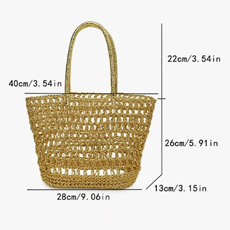 2026 new gold hollow woven tote bag for women, large capacity grass woven shoulder bag, fashionable and versatile commuting bag image 6