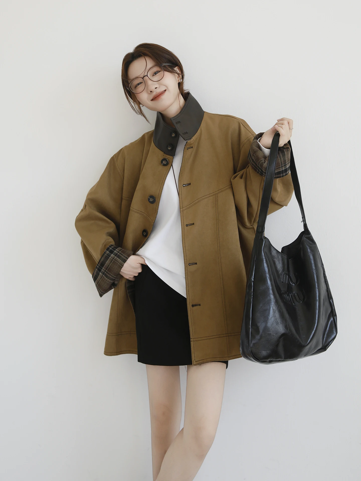 

Женское пальто Ruu Home из карамельной замши, весна-осень, новое, в стиле ретро, с кожаным воротником, свободного кроя, средней длины