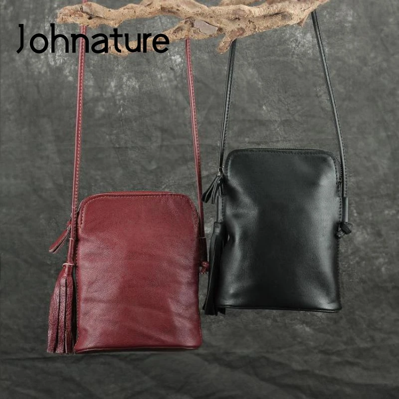 Johnature Mobile Phone Bag Women 2024 New Genuine Leather Tassel Shoulder & Crossbody Bags Retro Soft Cowhide Ladies Bags