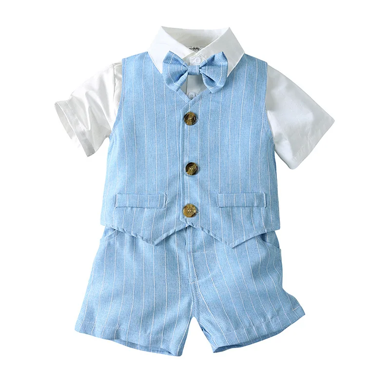 

Toddler Boy Set Shirt Suit Shirt Tops with Bow Tie+Vest+Elastic Waist Shorts 3Pcs Sets Kids Gentleman's Suit Summer Boys Outfits