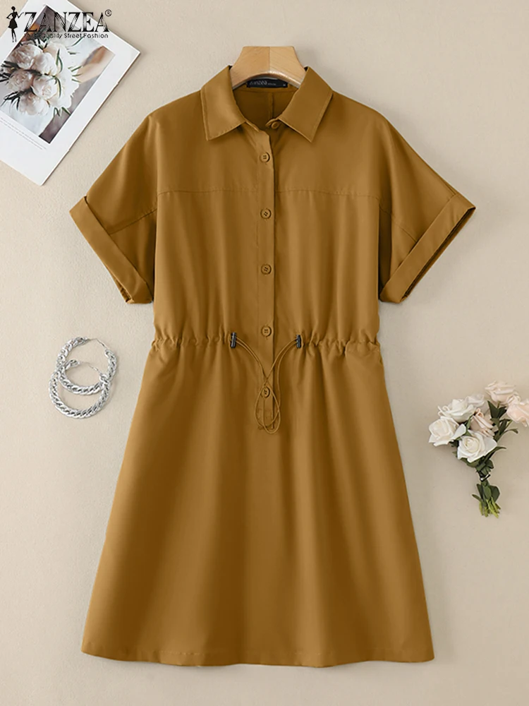 Mode Sommer Revers Hals Kurzarm Sommerkleid Frauen Overalls Kleid 2025, ZANZEA Stilvolle Arbeit Kleid Casual Solide Tasten Vestido