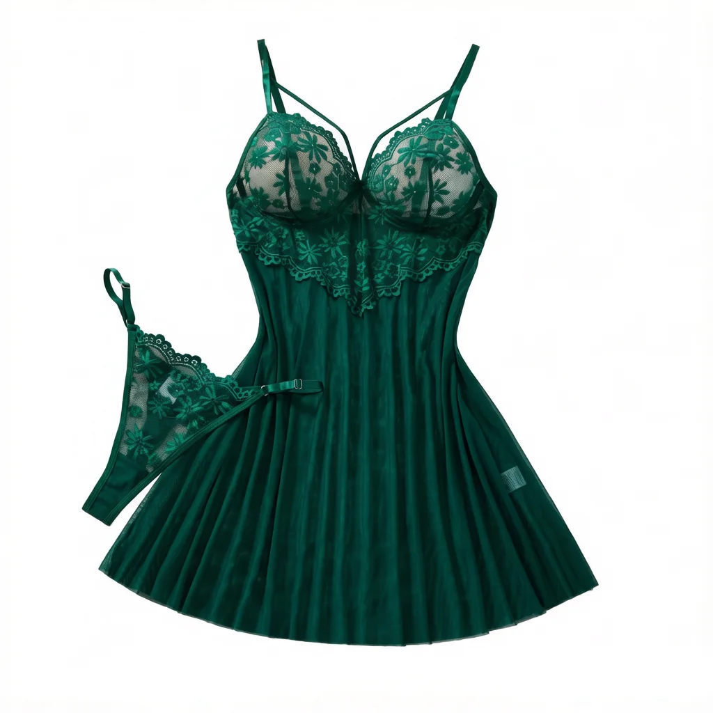 Green Daisy Floral Lace Sheer Mesh Babydoll Lingerie Set Slip Nightdress With Matching Thong Women Sexy Sleepwear ZA825096