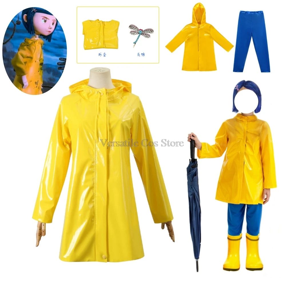 Film da favola Horror parrucca Costume Cosplay Coraline cappotto giallo porta segreta taglia bambino adulto festa di Halloween vestito da gioco spaventoso