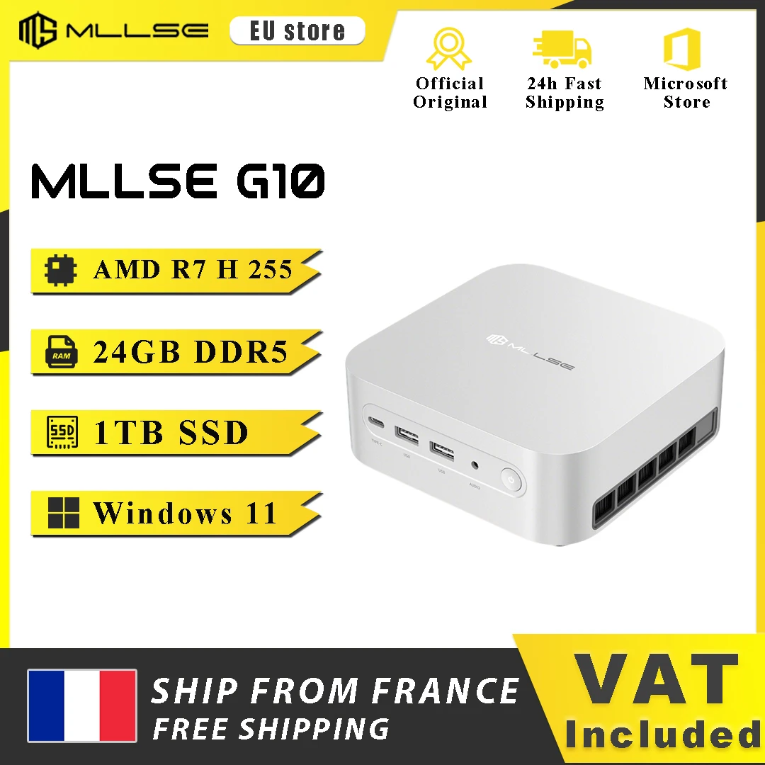 Mini PC Mllse G10, Nouveau AMD Ryzen 7 H 255, 24 Go de RAM DDR5, 1 To de SSD, Wi-Fi 6, BT5.2, USB4.0, Windows 11 Pro, Ordinateur de Bureau Mini pour Jeux