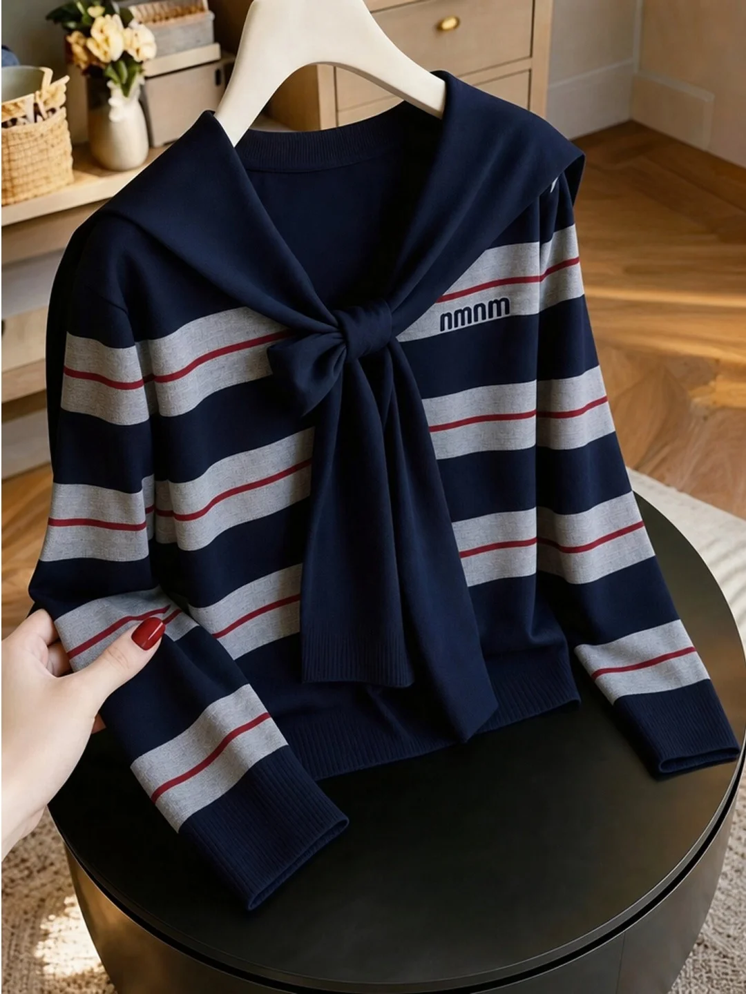Casual Style Women's Knitted Stripe Top Soft Fabric Long Sleeve round Neck Windproof Regular Fit Light Maturity Fashion Trend