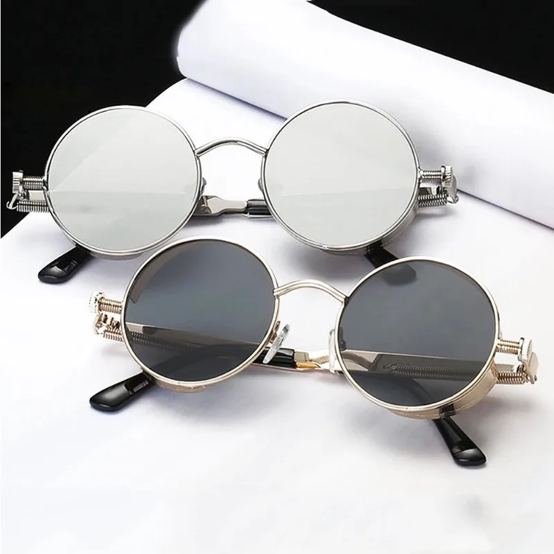 FOENIXSONG Women's Round Sunglasses for Men Women Gothic Steam Punk Black Gray Retro Steampunk Sun Glasses Mirror Eyewear