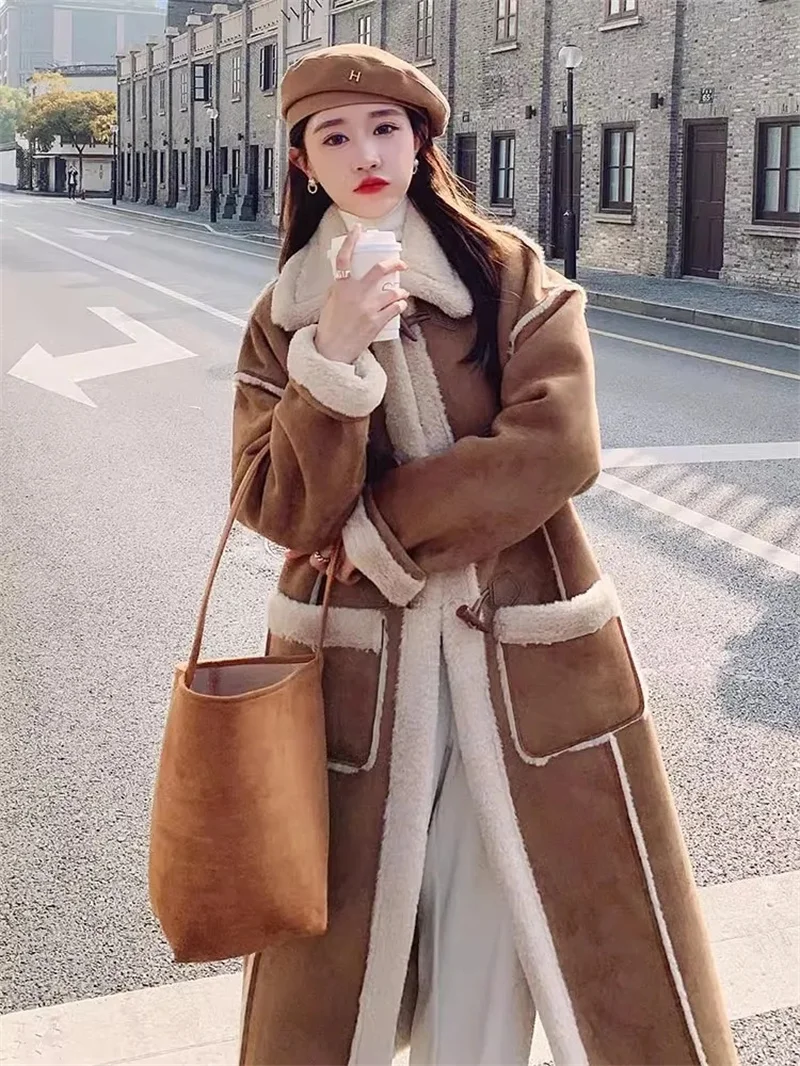 2023 New Fashion Simple Korean Version Horn Buckle Temperament Deer Skin Fur One Piece Lamb Wool Coat Over Knee Length Thickened