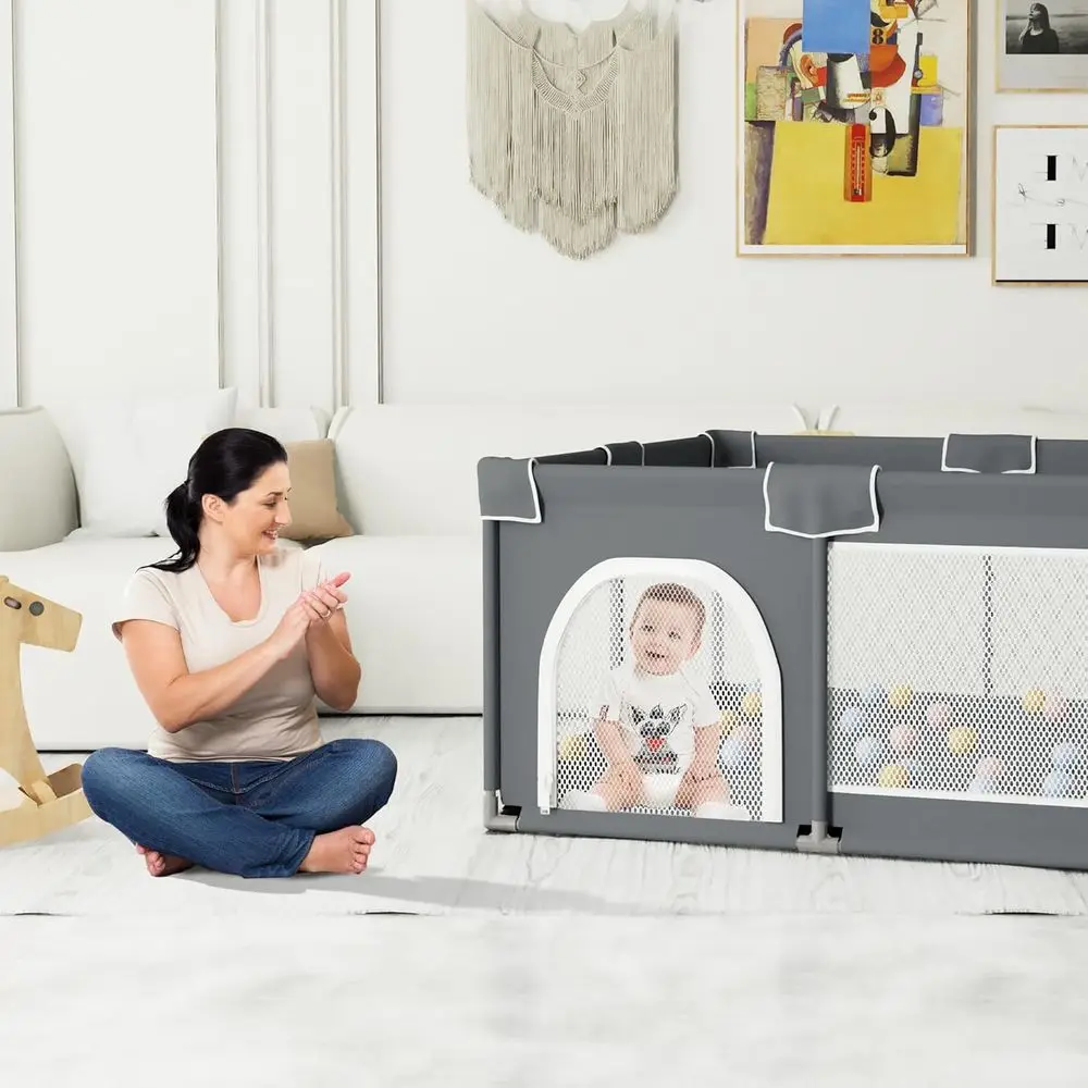 روضة أطفال متينة للاستخدام الداخلي والخارجي، ساحة لعب كبيرة مع شبكة ناعمة، رمادي #2