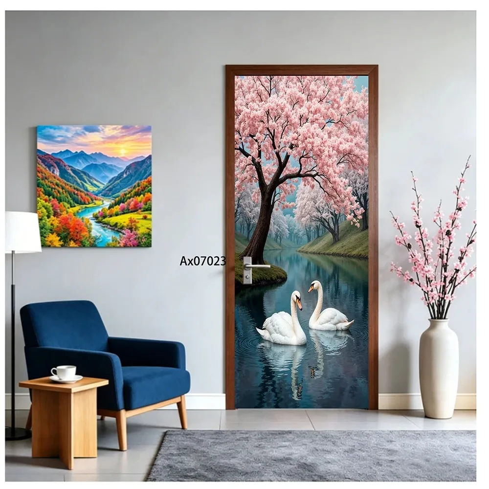 Countryside Creek White Swan Door Sticker Oil Painting Tulip Riverside Landscape Self Adhesive Cabinets Wardrobe Doors Decor