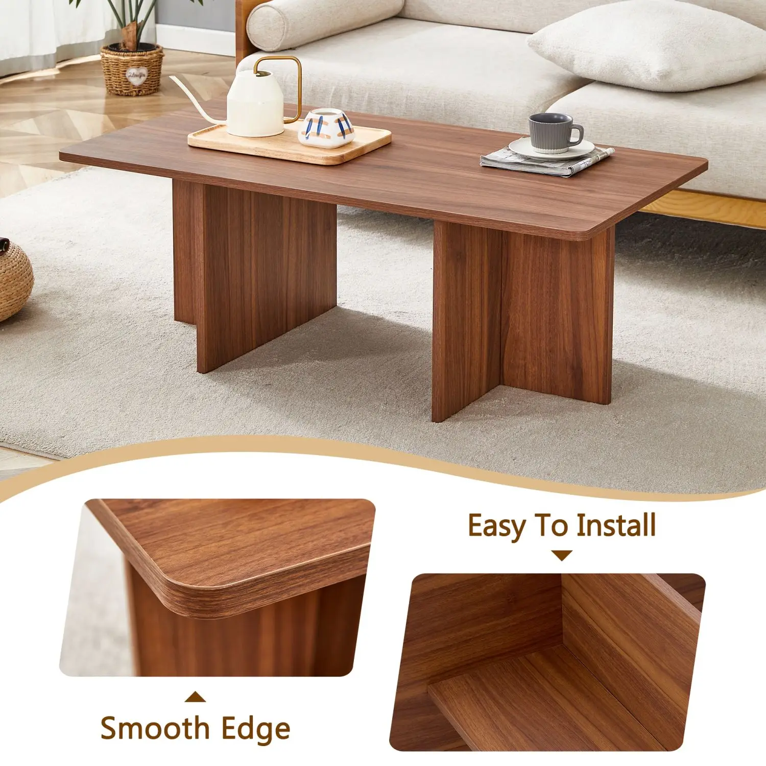 44.8 Inch Walnut Wood Grain MDF Coffee Table,Stable Triangular Support Is Made Ofmedium Density Fiberboard Material,coffee Table