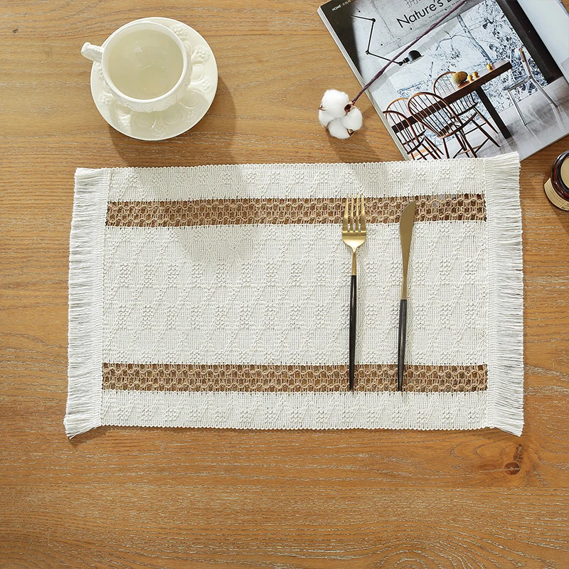 30x50cm Vintage Square Cotton Linen Placemats with Tassels Bohemian Woven Table Cloth Non-slip Heat Insulation Table Mats