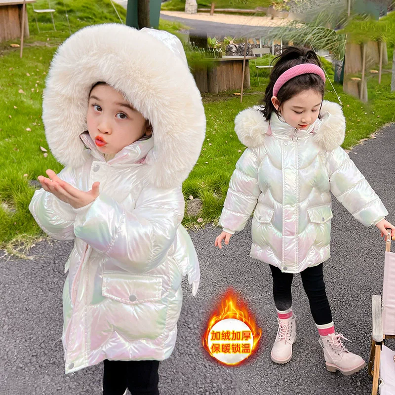 Girls Padded Warm Jackets Winter Kids Thick Coats Children Snowsuit Shiny Hooded Outerwear Teenage Down Cotton Clothes Parkas 3-