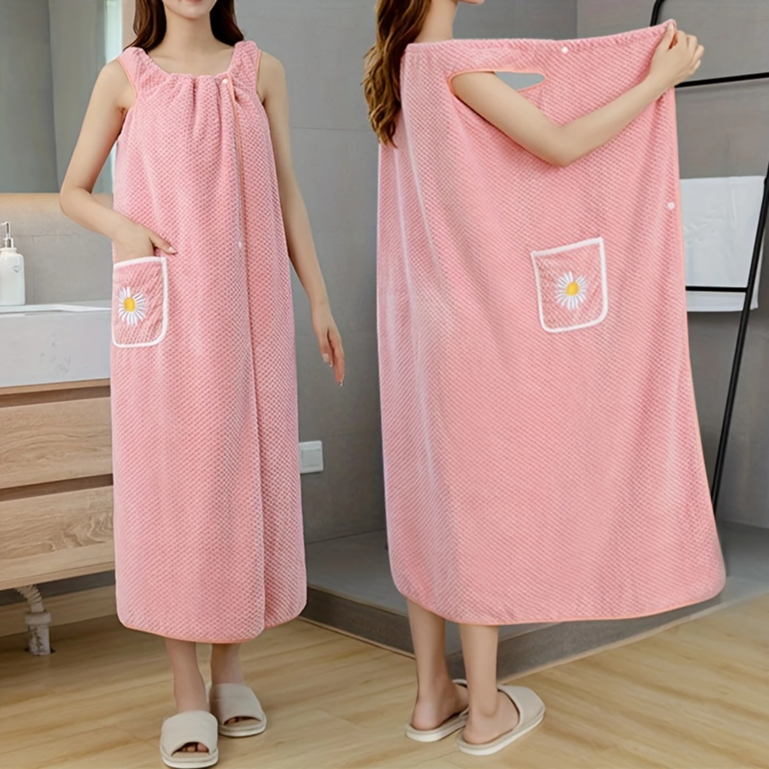 1pc Flower Pattern Wearable Bath Towel, Solid Color Bath Skirt For Adults, Absorbent Quick Drying Bathrobe With Pockets, Long Ba