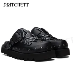 Black and White Belt Mule Buckle Slippers with Color Matching Round Toe Thick Soles Retro Rivets Casual Fashion Sandals for Men