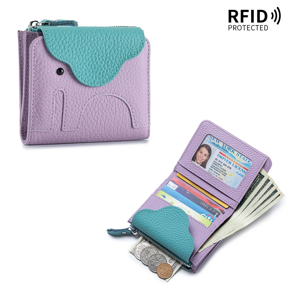 Cute Elephant Shape Genuine Leather Short Wallet RFID Blocking Women Card Purse Multi Card Slots Zipper Coin Pocket Coin Purse