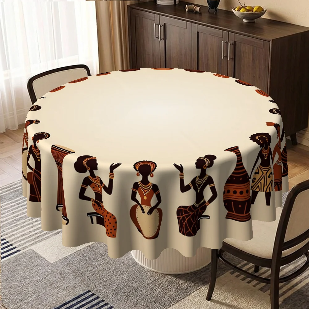 African-themed round tablecloth with drums, vases and dancers - brown and rice