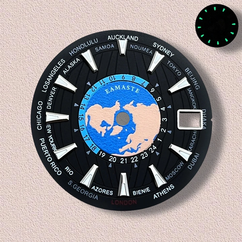 28.5mm S Logo World Map Dial Fit NH35/NH36/4R/7S Japanese Automatic Movement Green Luminous Watch Modification Accessories