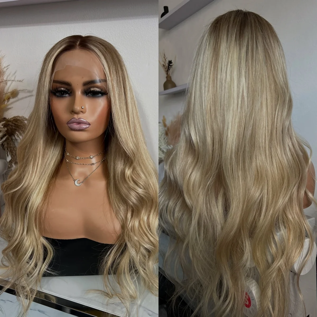 

26“ Ash Blonde Shadow Roots Synthetic Lace Frontal Wigs Loose Deep Wave Middle Parting 13*4 HD Invisible Lace Wigs Daily Used