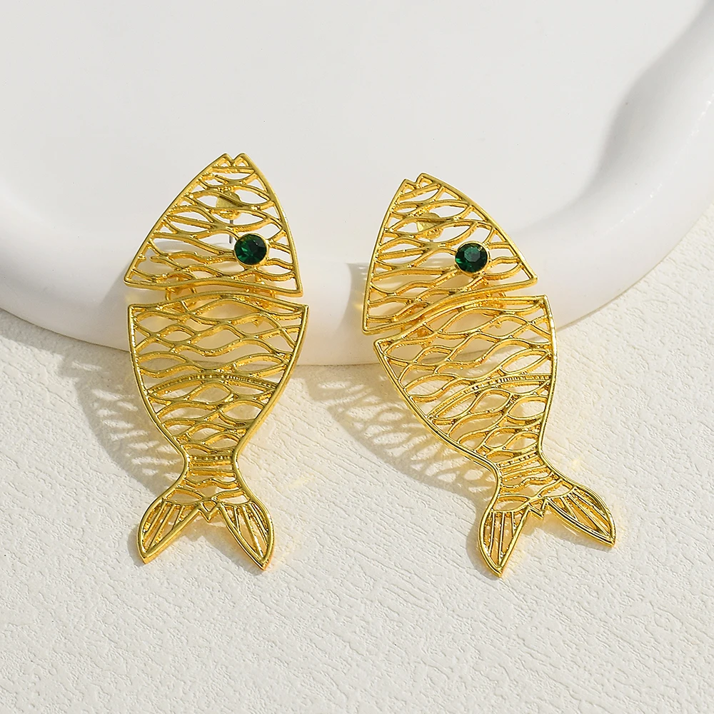 Unique Metal Hollow Out Splicing Fish Shaped Earrings for Women Exaggerated Gold Silver Color Fish Bone Earrings Jewelry Gift