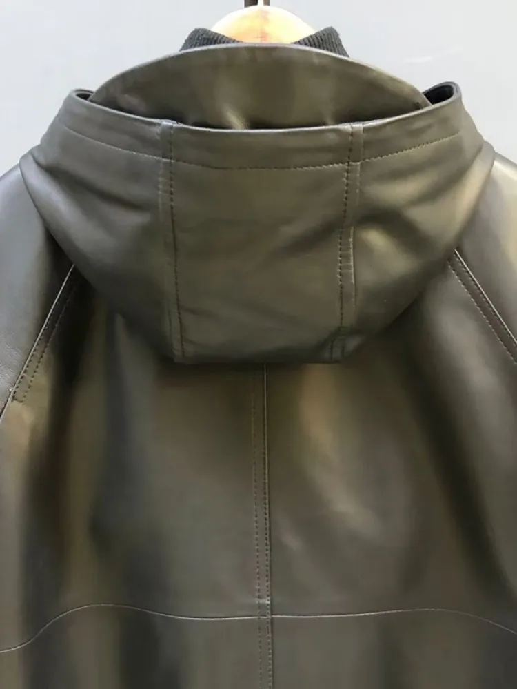 Prägnanter Stil für Damen, einfarbig, mit Kapuze, echtes Leder, lockere Schaffell-Tasche, Reißverschluss, Knopf, lange Ärmel, Oberbekleidung