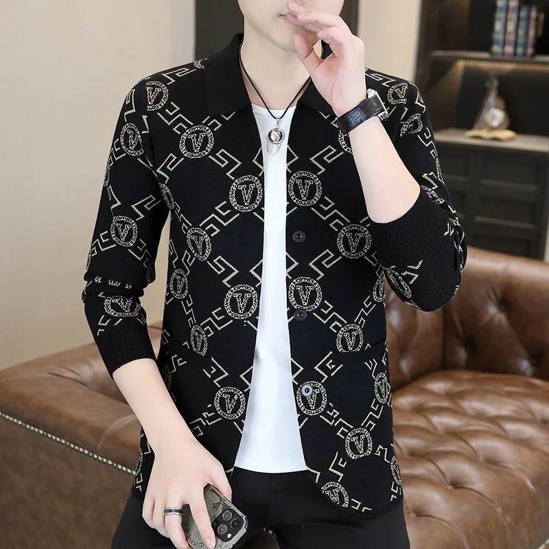 

Вязаный жаккардовый кардиган в стиле ретро для мужчин, осень 2022, однобортный повседневный вязаный свитер с лацканами, свитер в социальном стиле Hombre