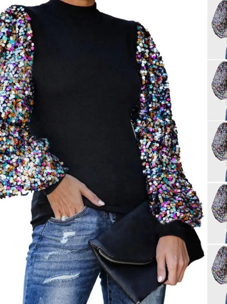 

Women's Patchwork Long Sve Top f High Ne Street Sle irt Slim Fit Bodice European And American Spring Faion