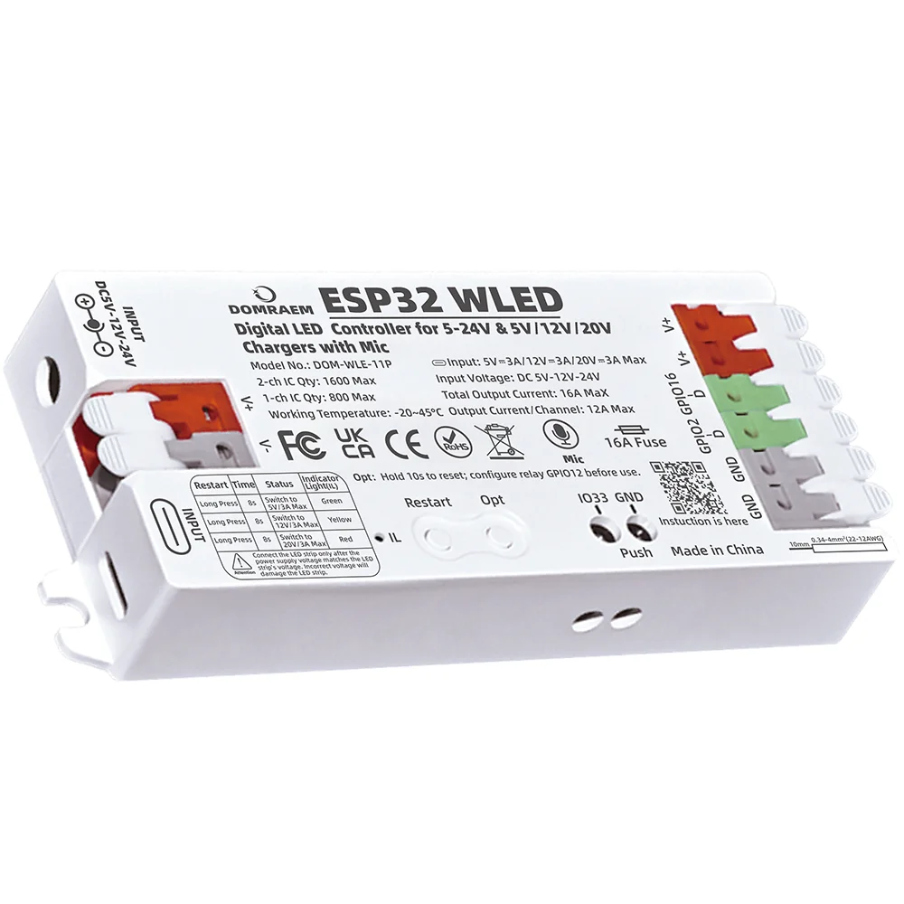 

DOMRAEM PD ESP32 WLED Digital LED Controller with Microphone Dual Power Input USB-C PD& DC5-24V for WS281x APA102 SK6812 etc.