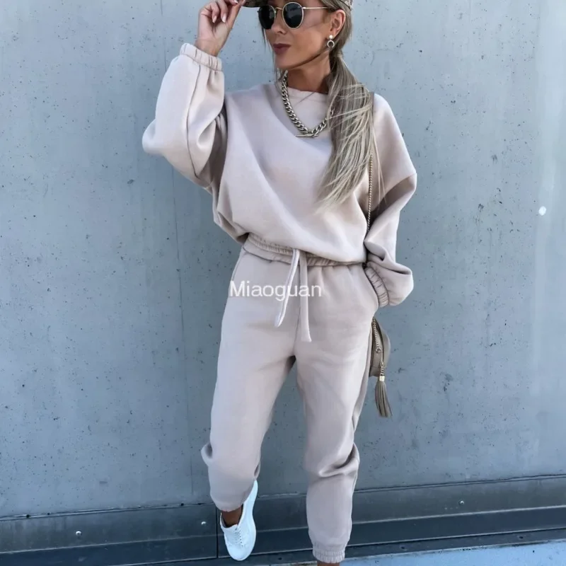 Women\'s Elegant Long Sleeve Outfit Warm Solid Color Hoodie Casual Two-piece Set Female Overalls Zipper Pocket Winter Femme Monos