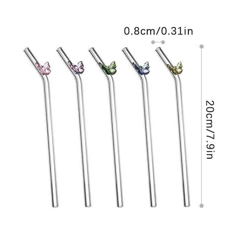 Pajitas de vidrio reutilizables con mariposa, pajitas ecológicas para beber con cepillo limpio para batidos, cócteles, accesorio de Bar