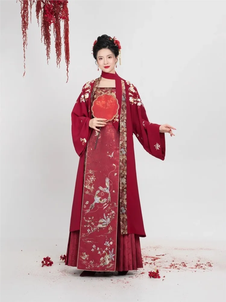 معطف مفتوح من الأمام فستان بدون حمالات منقوش بالزهور لحفلات الزفاف على الطراز الصيني الجديد من Hanfu