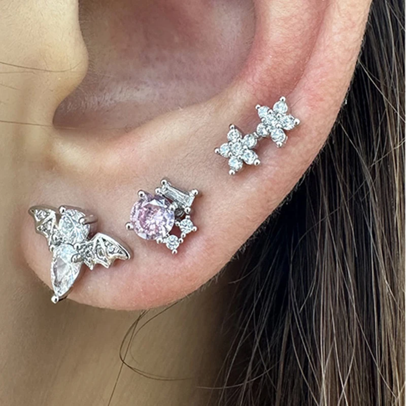 1pc Piercing Earring Silver Color Zircon Flower Star Bat Cartilage Korean Fashon Small Screw Stud Ear Jewelry For Women KDE276