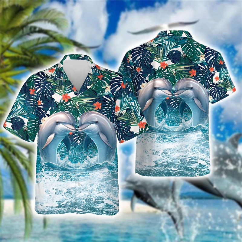

Гавайский Дельфин Aloha с 3D принтом, рубашки с коротким рукавом для мужчин, одежда, милая пляжная рубашка с морскими животными, женские блузки с забавными животными, топы