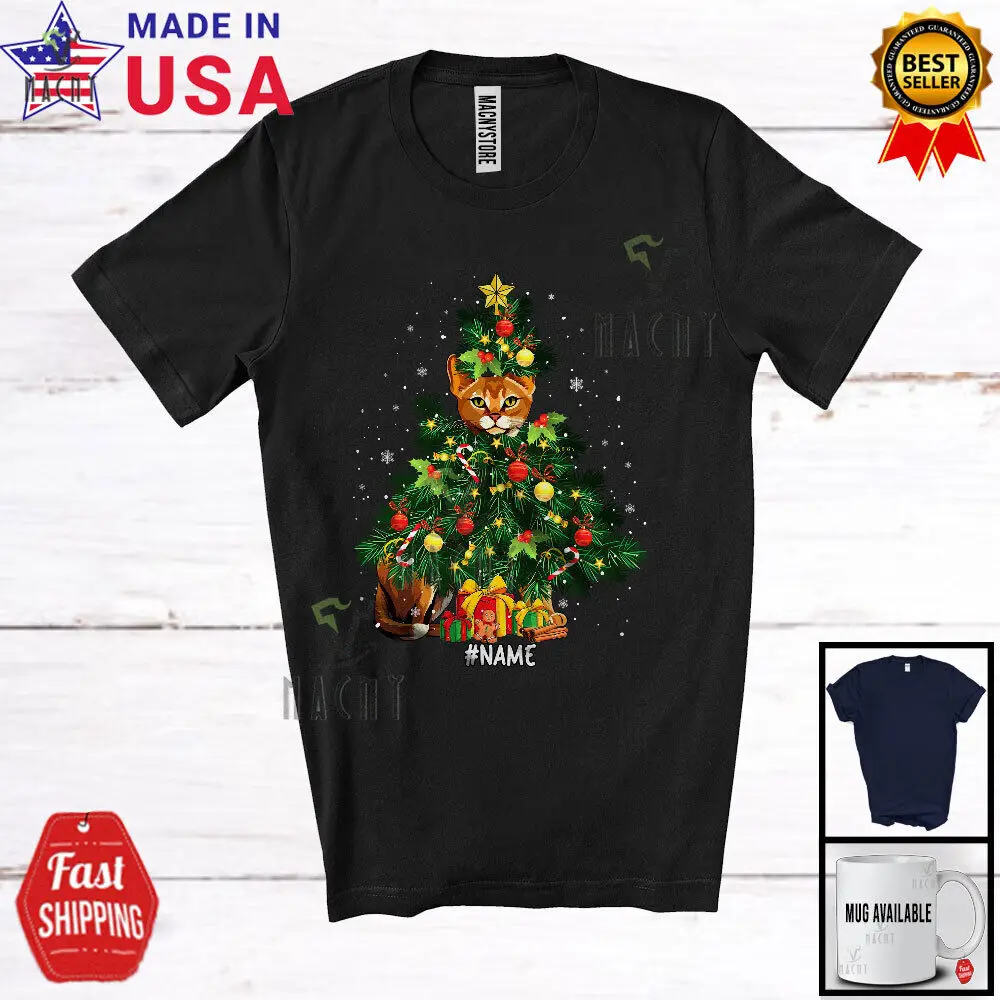 

Custom Name Abyssinian Cat Christmas Tree Cosplay; Joyful Family Snowing T-Shirt