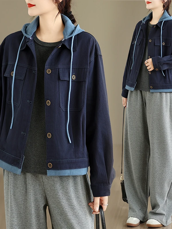 

Casual Loose Women's Denim Jaet with Hood Splicing Spring Autumn High End Faion New Sle Ladies Casual Loose Coat