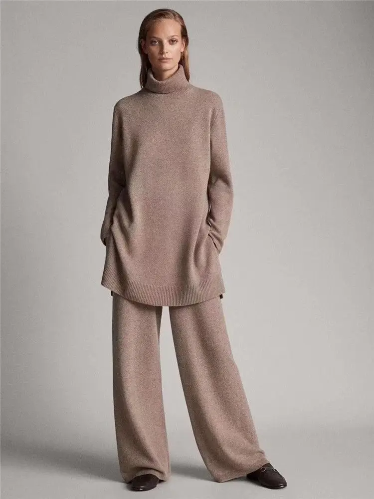 Luxury Two Pieces 45% Cashmere + 30% Wool Suits Female Turtleneck Warm Mink Cashmere Knit Tops +  Wide Leg Wool Pant Sets F688