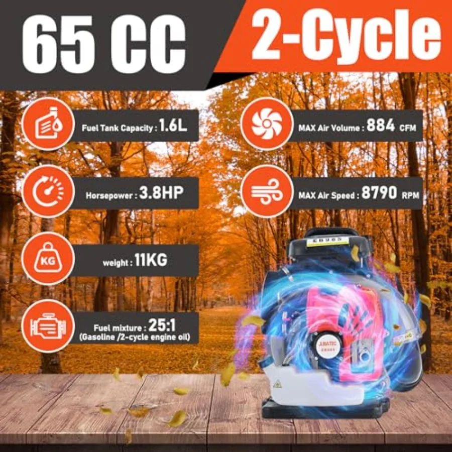 Ventilador de folhas movido a gás com mochila 65CC com 884 CFM e 3,8 HP para limpeza externa de quintal e remoção de neve com 2 ciclos