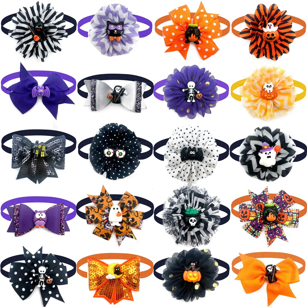 

50pcs New Halloween Dog Bow Ties Pet Cat Accessories Adjustable Sequin Bowknot Puppy Dog Holiday Neckties Grooming Products