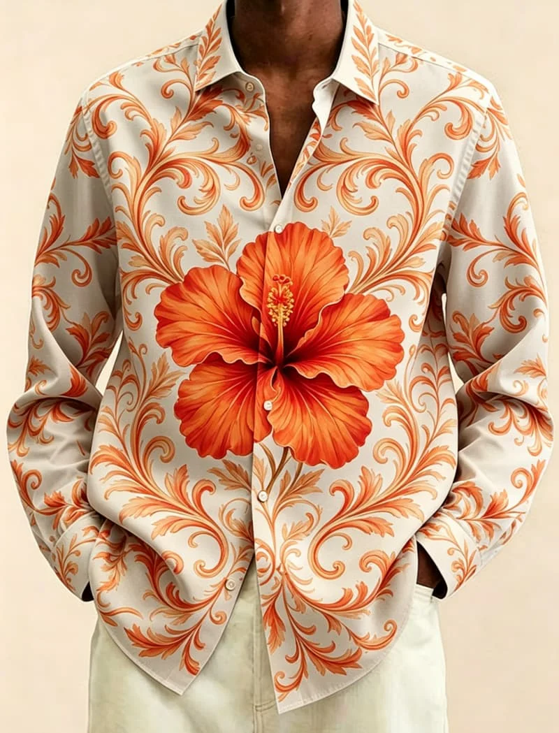Baroque floral print long sleeved shirt, men's casual shirt, elegant artistic style, suitable for home wear and casual outings