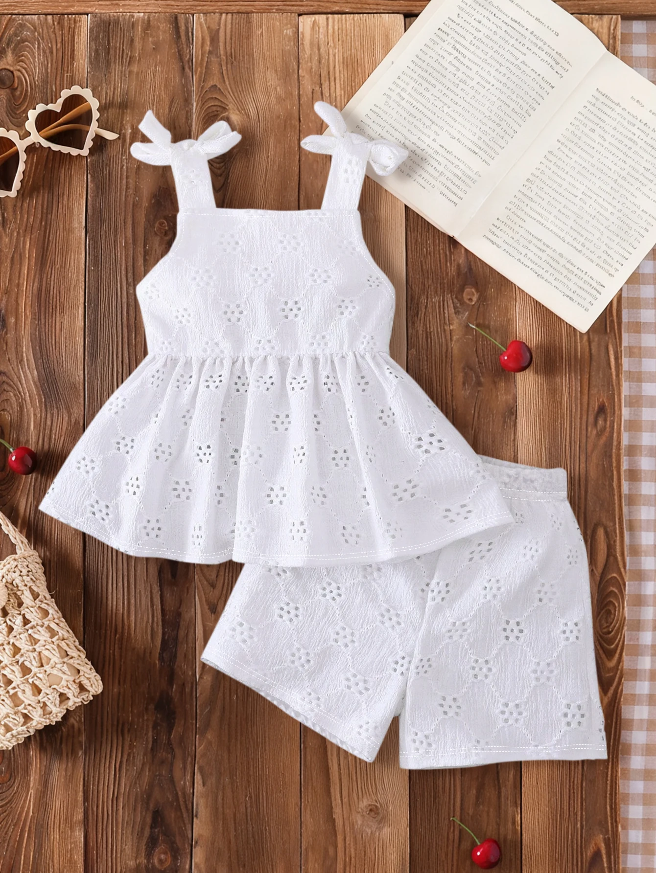 Baby Girl Eyelet Embroidery Summer Outfit, Bow‑Strap Cami Peplum Top + Matching Shorts 2‑Piece Clothing Set 6‑9M‑2‑3Y