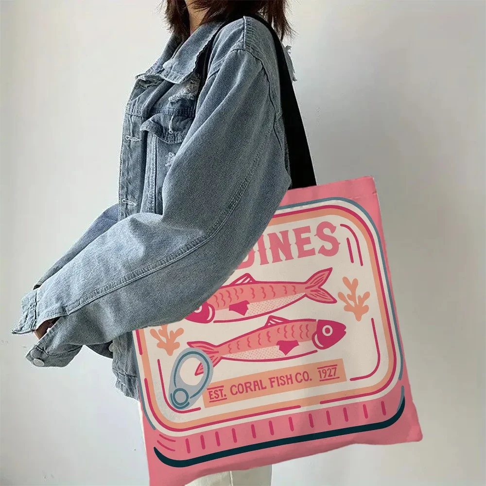 Bunte, trendige Sardinen-Druck-Freizeithandtasche, wiederverwendbarer modischer Rucksack, multifunktionale Einkaufstasche, Polyester-Einkaufstasche – Detail 10