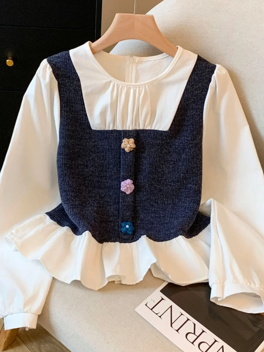 

Chic ort Length Spliced Knitted Long Sve irt for Women Early Autumn Self-Kept Sle Small Size Friendly Faionable Top