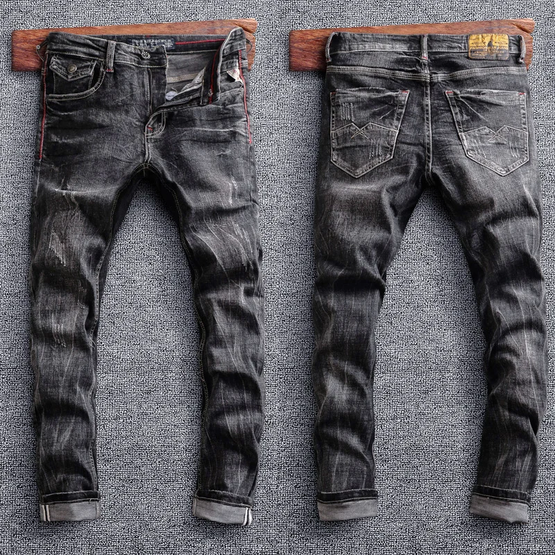 Streetwear Jeans Pria Fashion Retro Hitam Abu-abu Elastis Jeans Ramping Pria Desainer Antik Celana Denim Melar Kasual Hombre